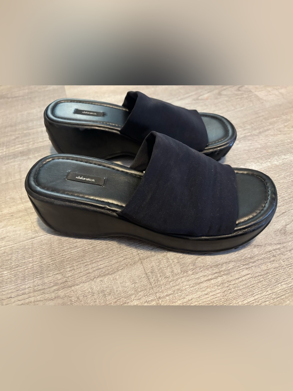 Y2K Xhilaration Chunky Slip Knit Elastic Slide Sandals Sz 8/9 Black Chunky Wedge